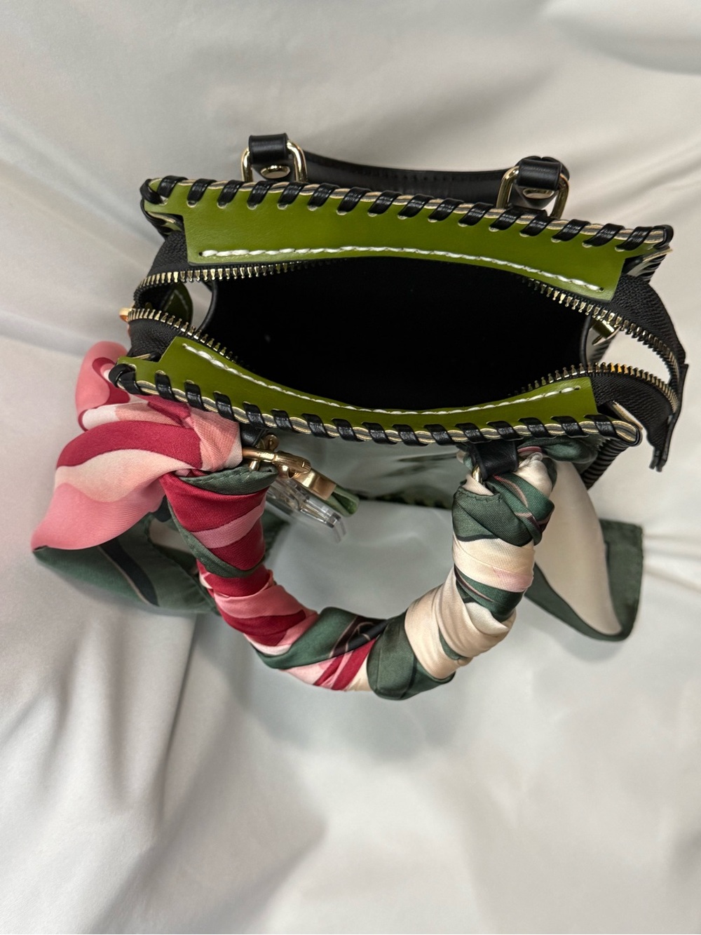Upcycled Gucci Olive Green Tote with Pink-Green Scarf Handle and Gold Charm - Picture 7 of 7